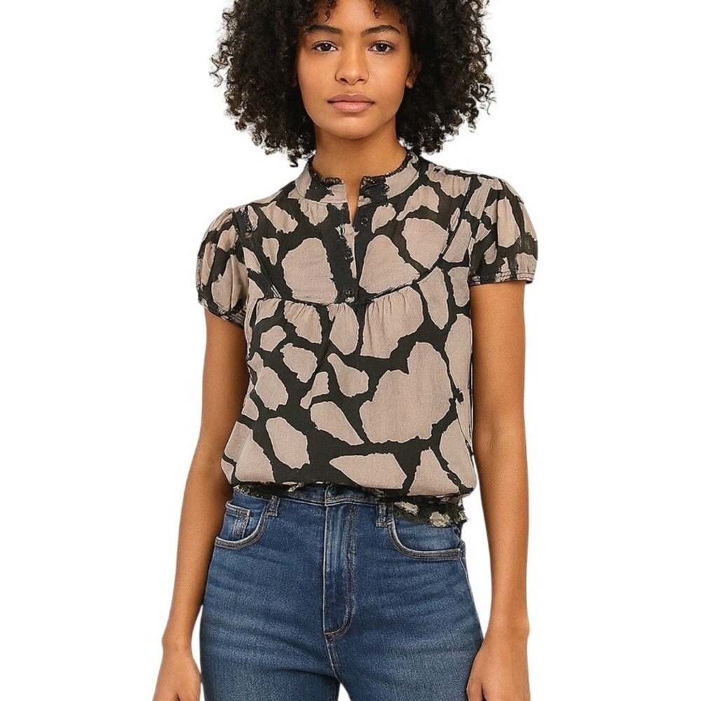 L8ter Women's Abstract Print Button‎ Up Cap Sleeve Blouse Sz S